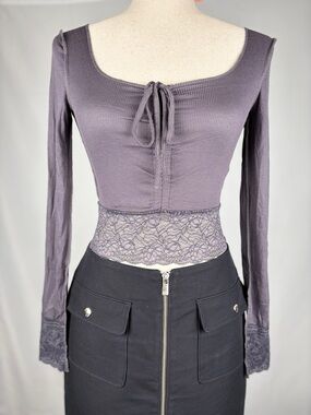 dELiA*s Ribbed Lace Waist Tie Front Top Long Sleeve NWT XS